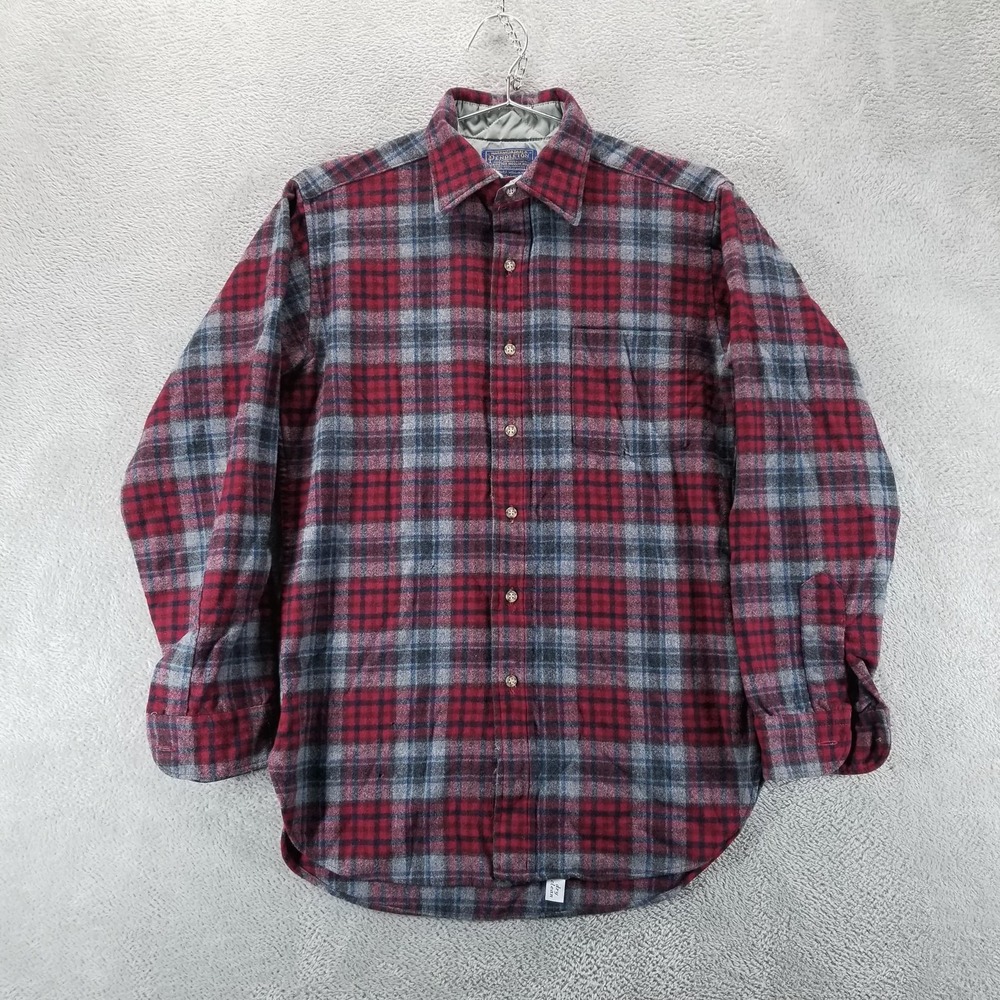 Vintage Pendleton Shirt Mens Small Red Gray Plaid Wool Button Front Made USA 80s